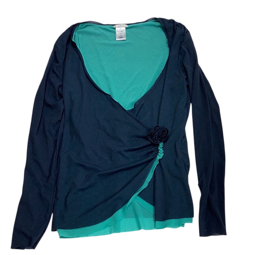 Y2K Vintage Old Navy Teal Green & Navy Blue Fabric Rose Ruffle Wrap Top